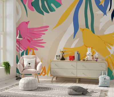 Abstract Art Wallpaper, Botanical, Birds Mural, Oversized Custom Size Wall Art, Non-Woven, Non-Adhesive, Modern Wall Paper, Removable