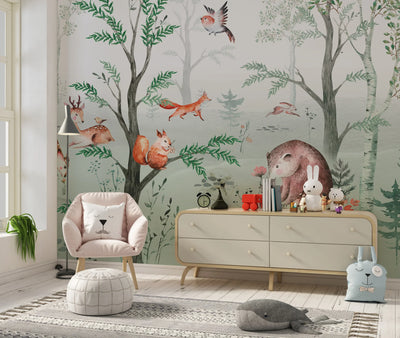 Cute Animals Wallpaper, Kids Mural, Oversized Custom Size Wall Art, Non-Woven, Non-Adhesive, Modern Wall Paper, Removable