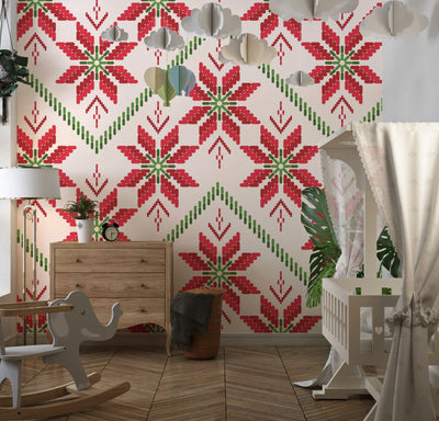 Christmas Ikat Wallpaper, Seamless Pattern Mural, Oversized Custom Size Wall Art, Non-Woven, Non-Adhesive, Modern Wall Paper, Removable