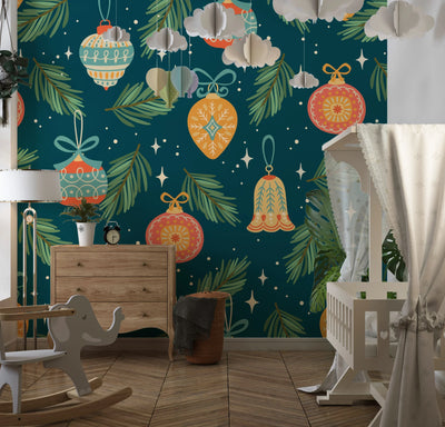 Christmas Decorations Wallpaper, Seamless Pattern Mural, Oversized Custom Size Wall Art, Non-Woven, Non-Adhesive, Modern Wall Paper, Removable