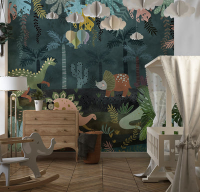 Dino World Wallpaper, Jungle Mural, Oversized Custom Size Wall Art, Non-Woven, Non-Adhesive, Modern Wall Paper, Removable