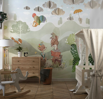 Cute Animals Wallpaper, Woodland Summer Mural, Oversized Custom Size Wall Art, Non-Woven, Non-Adhesive, Modern Wall Paper, Removable