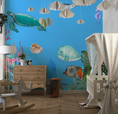 Underwater Wallpaper, Sea Animals Mural, Oversized Custom Size Wall Art, Non-Woven, Non-Adhesive, Modern Wall Paper, Removable