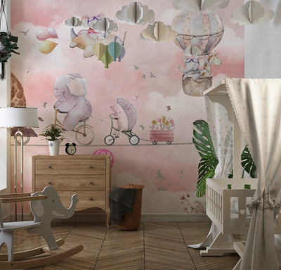 Cycling Animals with Balloons Wallpaper, Watercolor Mural, Oversized Custom Size Wall Art, Non-Woven, Non-Adhesive, Modern Wall Paper, Removable