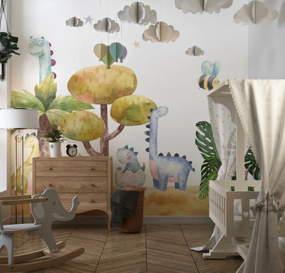 Colorful Dinosaurs, Trees Wallpaper, Seamless Pattern Mural, Oversized Custom Size Wall Art, Non-Woven, Non-Adhesive, Modern Wall Paper, Removable