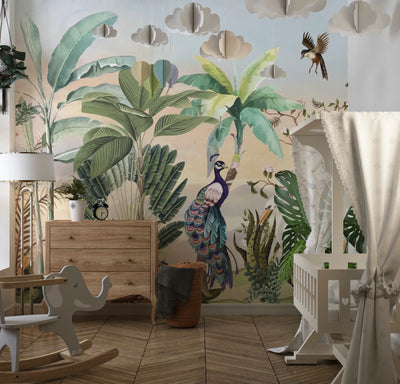 Chinoiserie Style Wallpaper, Birds, Plants Mural, Oversized Custom Size Wall Art, Non-Woven, Non-Adhesive, Modern Wall Paper, Removable