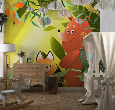Forest Animals Wallpaper, Wild Woodland Mural, Oversized Custom Size Wall Art, Non-Woven, Non-Adhesive, Modern Wall Paper, Removable