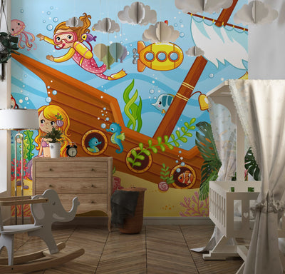 Children Swim Wallpaper, Mermaids Mural, Oversized Custom Size Wall Art, Non-Woven, Non-Adhesive, Modern Wall Paper, Removable