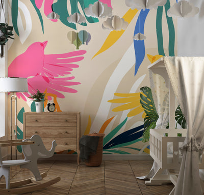 Abstract Art Wallpaper, Botanical, Birds Mural, Oversized Custom Size Wall Art, Non-Woven, Non-Adhesive, Modern Wall Paper, Removable