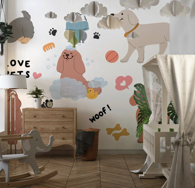 Cute Pet Doodle Wallpaper, Cats and Dogs Mural, Oversized Custom Size Wall Art, Non-Woven, Non-Adhesive, Modern Wall Paper, Removable