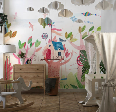 Cute Tree Houses Wallpaper, Playground Mural, Oversized Custom Size Wall Art, Non-Woven, Non-Adhesive, Modern Wall Paper, Removable