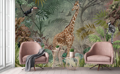 Gray Tropical Forest Theme Wallpaper, Animals Wall Mural, Giraffe, Birds, Leaves, Jungle, Non-Pasted, Large Wall Art, Removable, Nature Theme - Walloro High End Wallcoverings & More