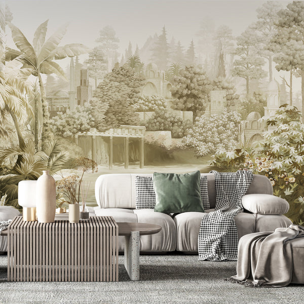 India Scene Wallpaper, White Vintage Historical Indian Wall Mural, Tropical, Custom Size Wall Covering, Non-Woven, Non-Adhesive, Removable, Durable - Walloro High End Wallcoverings & More