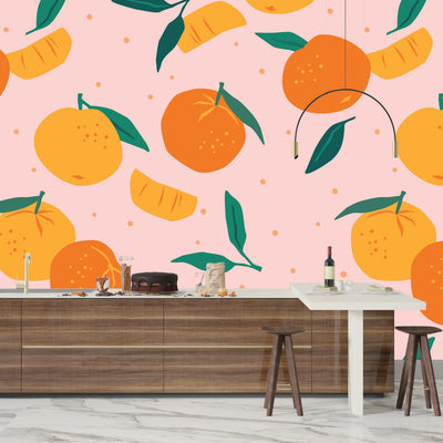 Mandarins Wallpaper, Seamless Pattern Mural, Oversized Custom Size Wall Art, Non-Woven, Non-Adhesive, Modern Wall Paper, Removable