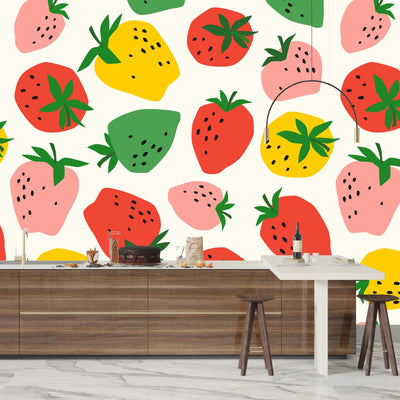 Colorful Strawberries Wallpaper, Seamless Pattern Mural, Oversized Custom Size Wall Art, Non-Woven, Non-Adhesive, Modern Wall Paper, Removable