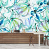 Hand Painted Flowers Shibori Wallpaper, Blue and Green Mural, Oversized Custom Size Wall Art, Non-Woven, Non-Adhesive, Modern Wall Paper, Removable