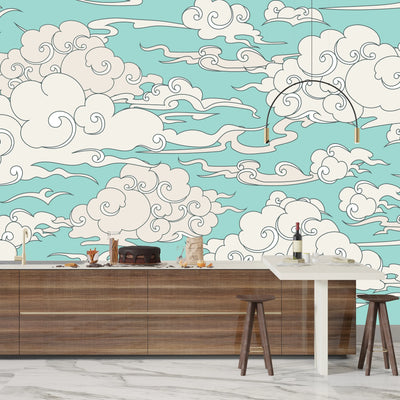 Clouds, Blue Background Wallpaper, Seamless Pattern Mural, Oversized Custom Size Wall Art, Non-Woven, Non-Adhesive, Modern Wall Paper, Removable