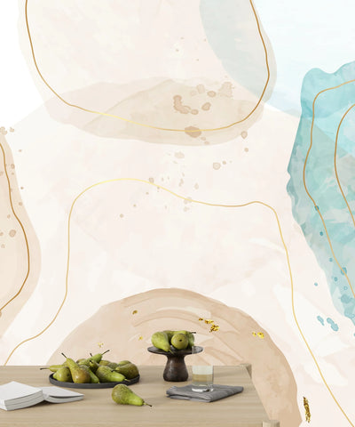 Watercolor Paint Splash Wallpaper, Golden Lines Mural, Oversized Custom Size Wall Art, Non-Woven, Non-Adhesive, Modern Wall Paper, Removable