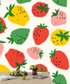 Colorful Strawberries Wallpaper, Seamless Pattern Mural, Oversized Custom Size Wall Art, Non-Woven, Non-Adhesive, Modern Wall Paper, Removable