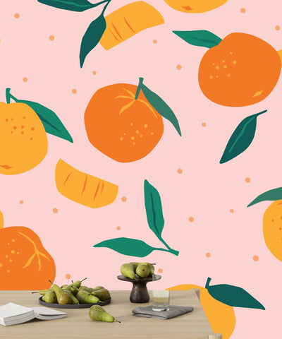 Mandarins Wallpaper, Seamless Pattern Mural, Oversized Custom Size Wall Art, Non-Woven, Non-Adhesive, Modern Wall Paper, Removable