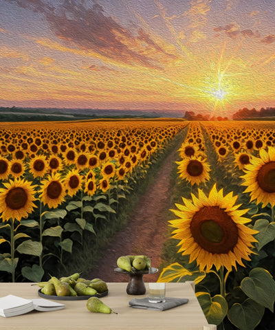 Panaroma Sunflowers, Sunset Wallpaper, Oil Painting Mural, Oversized Custom Size Wall Art, Non-Woven, Non-Adhesive, Modern Wall Paper, Removable