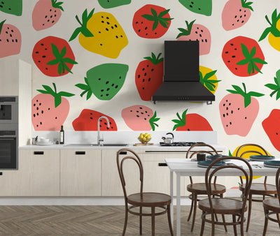 Colorful Strawberries Wallpaper, Seamless Pattern Mural, Oversized Custom Size Wall Art, Non-Woven, Non-Adhesive, Modern Wall Paper, Removable