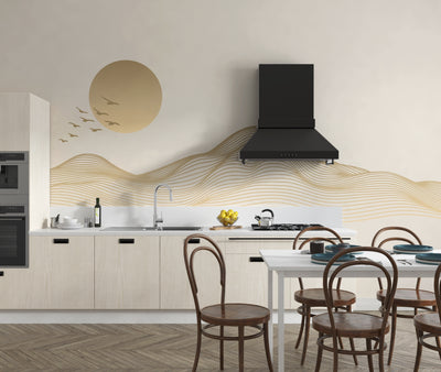 Abstract Gold Landscape Wallpaper, Mountain and Birds Mural, Oversized Custom Size Wall Art, Non-Woven, Non-Adhesive, Modern Wall Paper, Removable