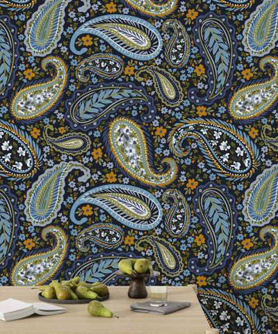 Indian Floral Pattern Wallpaper, Dark Background Mural, Oversized Custom Size Wall Art, Non-Woven, Non-Adhesive, Modern Wall Paper, Removable