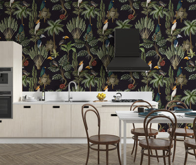 Exotic Plants and Birds Wallpaper, Forest Mural, Oversized Custom Size Wall Art, Non-Woven, Non-Adhesive, Modern Wall Paper, Removable
