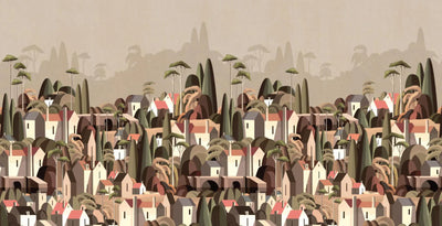 Landscape Wall Mural Houses Cityscape Stylish Wallpaper, Light Beige Oversized Custom Size Wall Covering, Non-Woven, Non-Adhesive, Modern Large Art - Walloro High End Wallcoverings & More