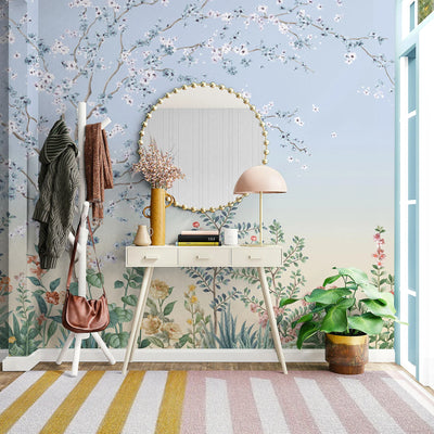 Large Chinoiserie Blossom Floral Wallpaper, Blue Ombre Flowers Birds Wall Mural, Custom Size Wall Covering, Non-Woven, Non-Pasted, Removable - Walloro High End Wallcoverings & More