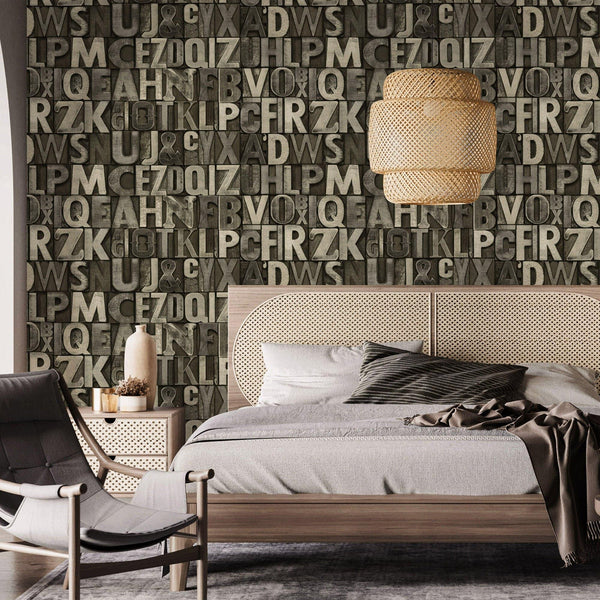 Wallpaper Color Lettering Letters Wallpaper, Rich Textured Wallcovering, Traditional, Gray Light ...