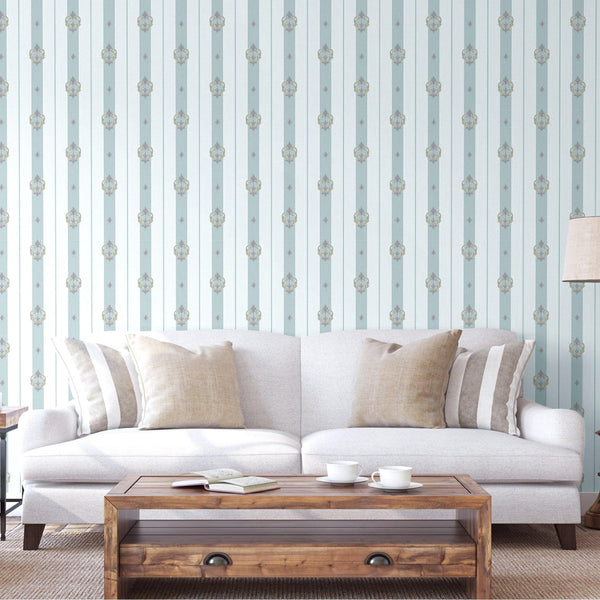 Light Blue Ornate Striped Wallpaper, Deep Embossed Regal Vintage Damask Wallcovering - Walloro High End Wallcoverings & More