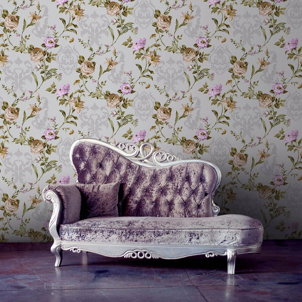 Light Purple Timeless Floral Embossed Rose Wallpaper, Flocked Vivid Color Rose Flowers Pattern - Walloro High End Wallcoverings & More