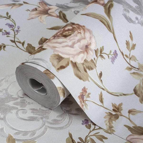 Light Purple Timeless Floral Embossed Rose Wallpaper, Flocked Vivid Color Rose Flowers Pattern - Walloro High End Wallcoverings & More