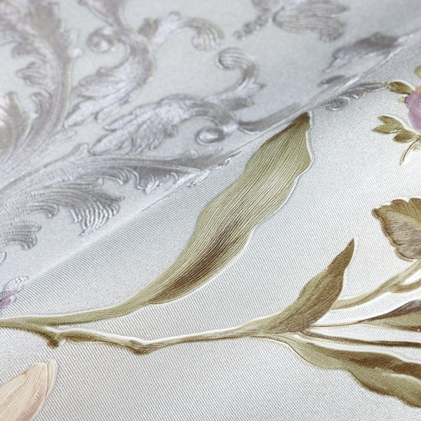 Light Purple Timeless Floral Embossed Rose Wallpaper, Flocked Vivid Color Rose Flowers Pattern - Walloro High End Wallcoverings & More