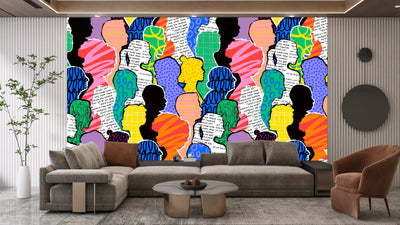 Colorful Diversed People Crowd Wallpaper, Seamless Pattern Mural, Oversized Custom Size Wall Art, Non-Woven, Non-Adhesive, Modern Wall Paper, Removable