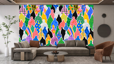 Colorful Diverse People Crowd Wallpaper, Seamless Pattern Mural, Oversized Custom Size Wall Art, Non-Woven, Non-Adhesive, Modern Wall Paper, Removable