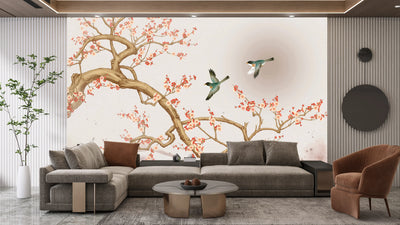 Chinoiserie Wallpaper, Tree and Birds Mural, Oversized Custom Size Wall Art, Non-Woven, Non-Adhesive, Modern Wall Paper, Removable