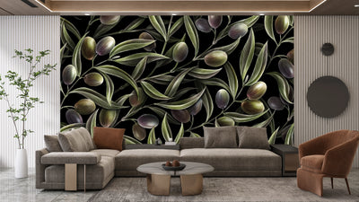 Olive Branches Wallpaper, Seamless Pattern Mural, Oversized Custom Size Wall Art, Non-Woven, Non-Adhesive, Modern Wall Paper, Removable
