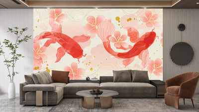 Elegant Koi Fishes Wallpaper, Luxury Chinese Mural, Oversized Custom Size Wall Art, Non-Woven, Non-Adhesive, Modern Wall Paper, Removable