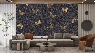 Gold Butterflies and Flowers Wallpaper, Black Background Mural, Oversized Custom Size Wall Art, Non-Woven, Non-Adhesive, Modern Wall Paper, Removable