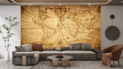Old Geographical World Map Wallpaper, History, Voyage Mural, Oversized Custom Size Wall Art, Non-Woven, Non-Adhesive, Modern Wall Paper, Removable
