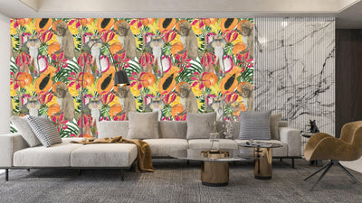 Cute Monkey, Exotic Fruits Wallpaper, Seamless Pattern Mural, Oversized Custom Size Wall Art, Non-Woven, Non-Adhesive, Modern Wall Paper, Removable