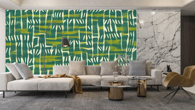 Ethnic Ikat Greenish Wallpaper, Handmade Boho Tribal Mural, Oversized Custom Size Wall Art, Non-Woven, Non-Adhesive, Modern Wall Paper, Removable