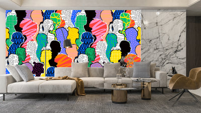 Colorful Diversed People Crowd Wallpaper, Seamless Pattern Mural, Oversized Custom Size Wall Art, Non-Woven, Non-Adhesive, Modern Wall Paper, Removable