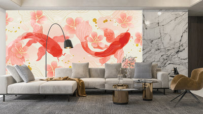Elegant Koi Fishes Wallpaper, Luxury Chinese Mural, Oversized Custom Size Wall Art, Non-Woven, Non-Adhesive, Modern Wall Paper, Removable