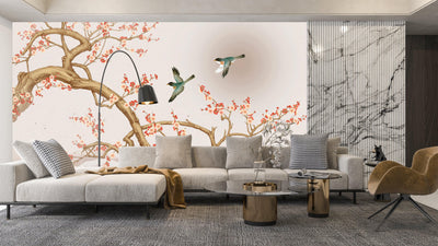 Chinoiserie Wallpaper, Tree and Birds Mural, Oversized Custom Size Wall Art, Non-Woven, Non-Adhesive, Modern Wall Paper, Removable