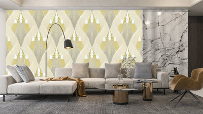 Ethnic Ikat Wallpaper, Yellow Boho Mural, Oversized Custom Size Wall Art, Non-Woven, Non-Adhesive, Modern Wall Paper, Removable