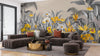 Grey Plants Wallpaper, Yellow Flowers Mural, Oversized Custom Size Wall Art, Non-Woven, Non-Adhesive, Modern Wall Paper, Removable